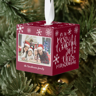 Wonderful Time Of Year Photo Burgundy Snowflake Cube Ornament