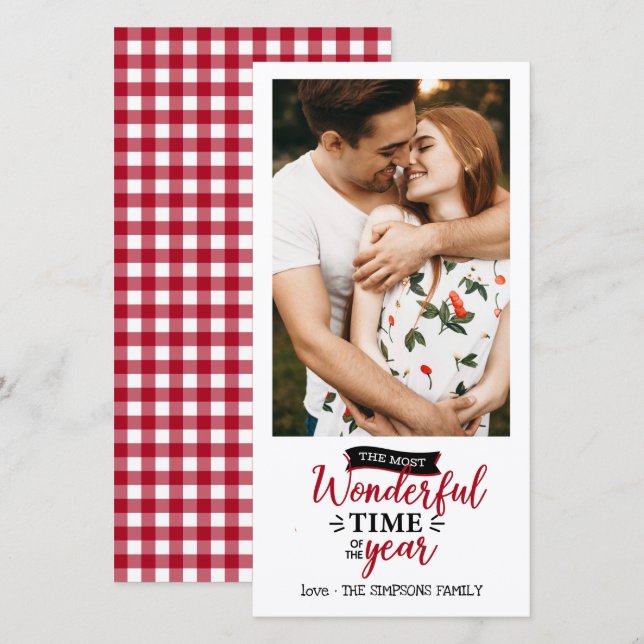 Wonderful time Red Gingham Holiday Photo Card (Front/Back)