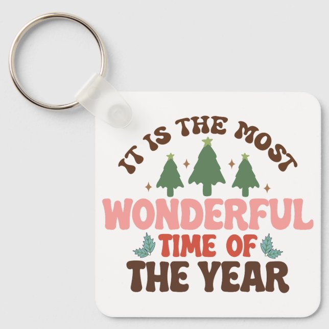 Wonderful Time Retro Groovy Christmas Holidays Keychain (Front)