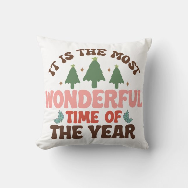 Wonderful Time Retro Groovy Christmas Holidays Throw Pillow (Front)