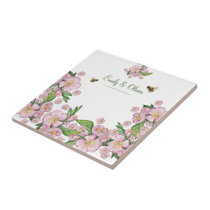 Wonderful watercolor apple tree flowers and bее ceramic tile