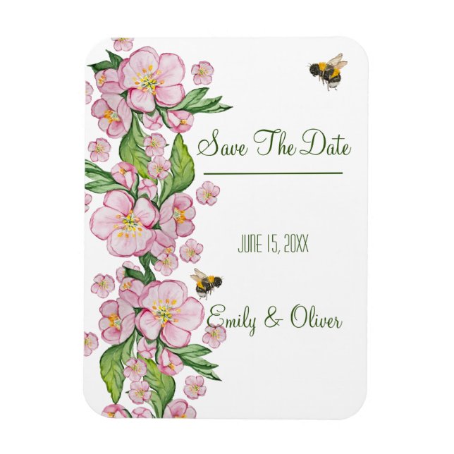 Wonderful watercolor apple tree flowers and bее magnet (Vertical)