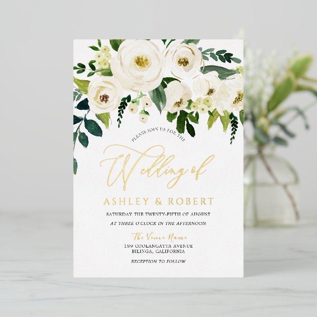 Wonderful Wedding: White Blooming Flowers Golden Foil Invitation (Standing Front)