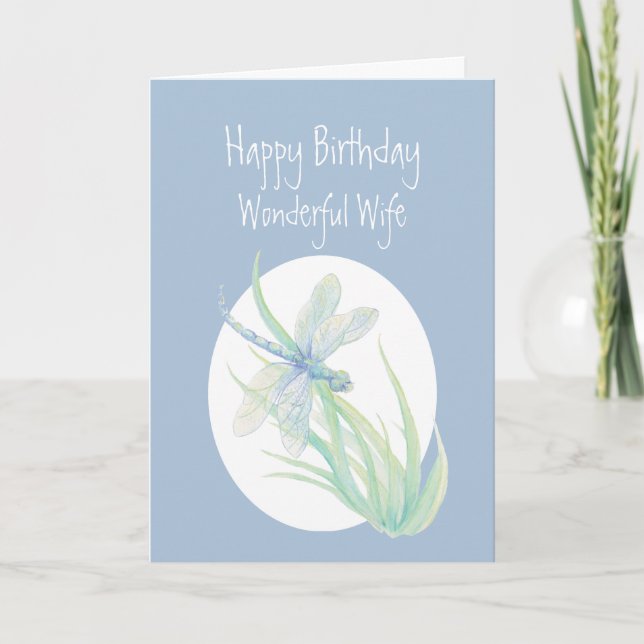 Wonderful Wife Birthday Watercolor Dragonfly art Card (Front)