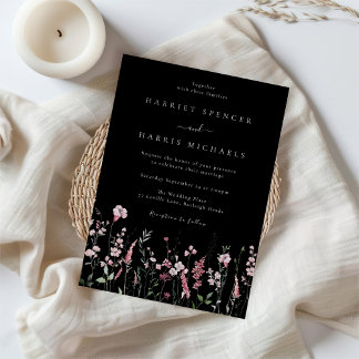 Wonderful Wildflowers Elegant Black Wedding Invitation