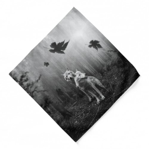 Wonderful Wolves Black and White Leaf Us Alone  Bandana