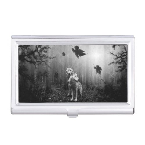 Wonderful Wolves Black and White Leaf Us Alone  Business Card Case