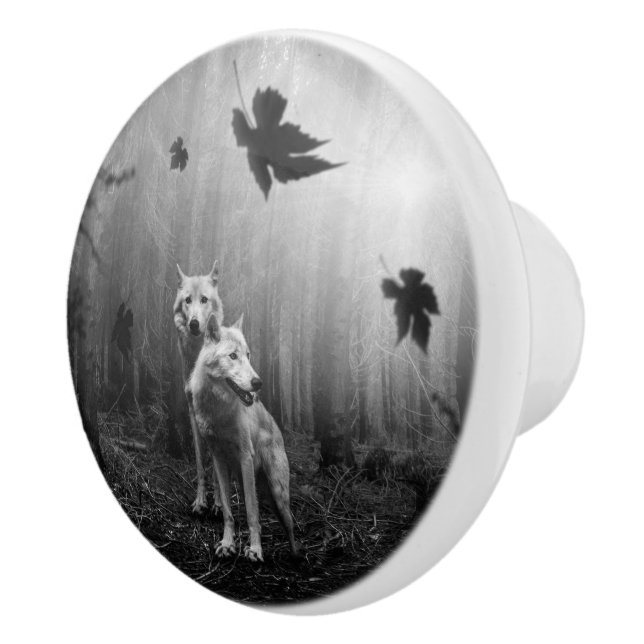 Wonderful Wolves Black and White Leaf Us Alone  Ceramic Knob (Right)