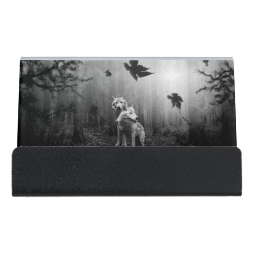 Wonderful Wolves Black and White Leaf Us Alone  Desk Business Card Holder