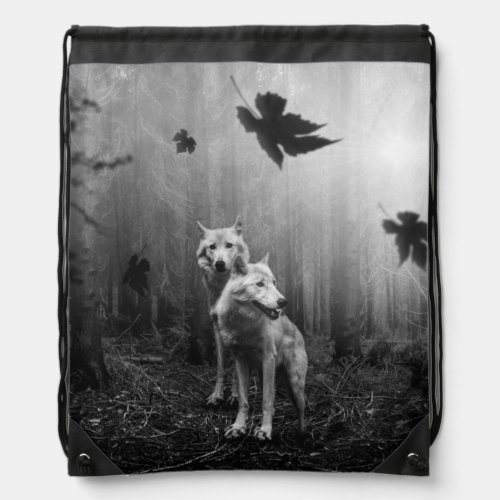 Wonderful Wolves Black and White Leaf Us Alone  Drawstring Bag