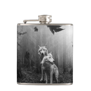 Wonderful Wolves Black and White Leaf Us Alone Flask