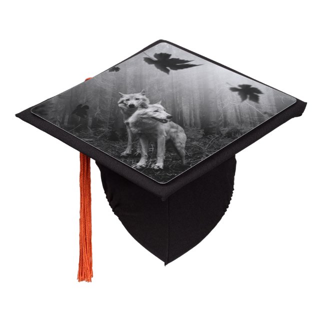 Wonderful Wolves Black and White Leaf Us Alone  Graduation Cap Topper (Angled)
