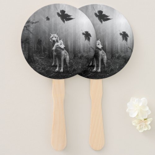 Wonderful Wolves Black and White Leaf Us Alone  Hand Fan