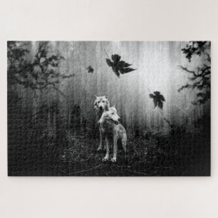 Wonderful Wolves Black and White Leaf Us Alone Jigsaw Puzzle