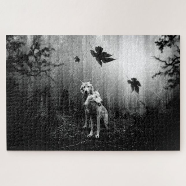 Wonderful Wolves Black and White Leaf Us Alone  Jigsaw Puzzle (Horizontal)