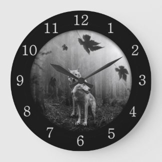 Wonderful Wolves Black and White Leaf Us Alone  Large Clock