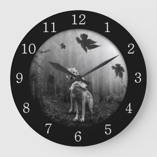 Wonderful Wolves Black and White Leaf Us Alone  Large Clock (Front)
