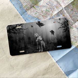Wonderful Wolves Black and White Leaf Us Alone License Plate