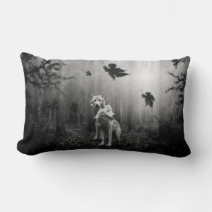 Wonderful Wolves Black and White Leaf Us Alone  Lumbar Pillow
