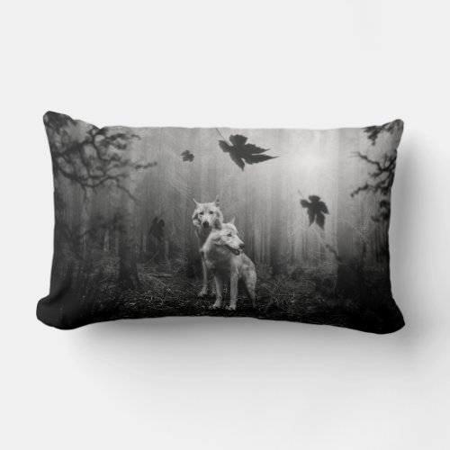 Wonderful Wolves Black and White Leaf Us Alone  Lumbar Pillow