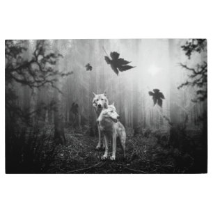 Wonderful Wolves Black and White Leaf Us Alone Metal Print
