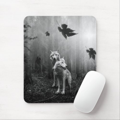 Wonderful Wolves Black and White Leaf Us Alone  Mouse Pad