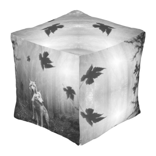 Wonderful Wolves Black and White Leaf Us Alone  Outdoor Pouf