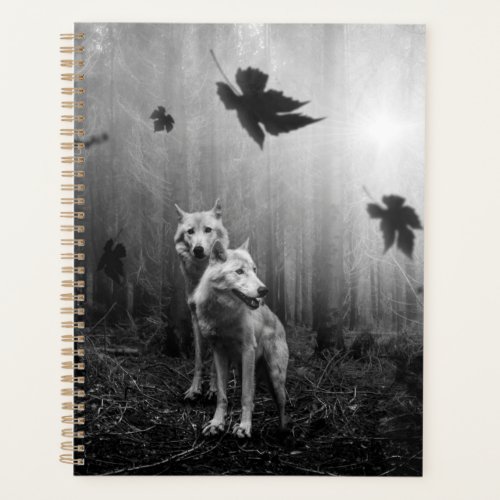 Wonderful Wolves Black and White Leaf Us Alone  Planner