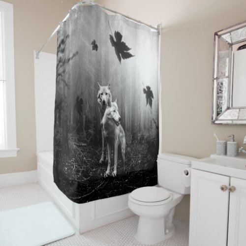Wonderful Wolves Black and White Leaf Us Alone  Shower Curtain