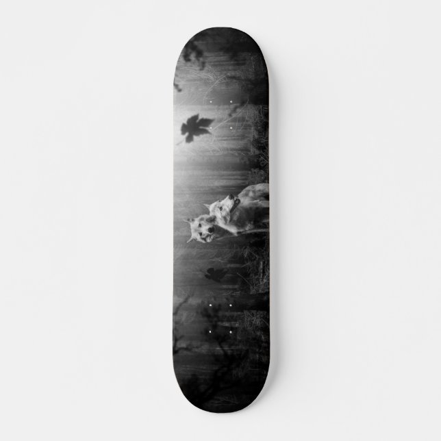 Wonderful Wolves Black and White Leaf Us Alone  Skateboard (Front)