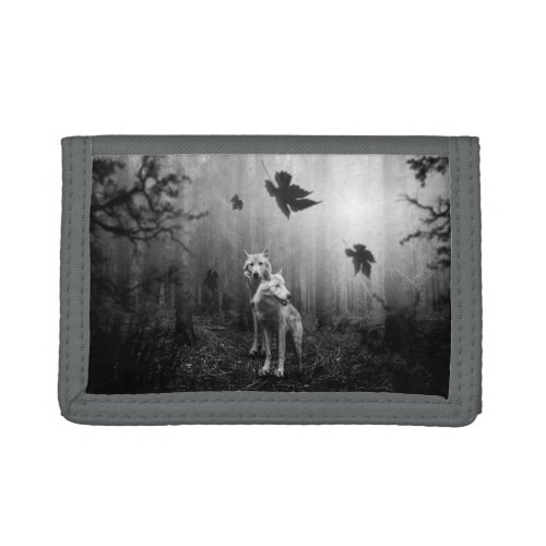 Wonderful Wolves Black and White Leaf Us Alone  Trifold Wallet