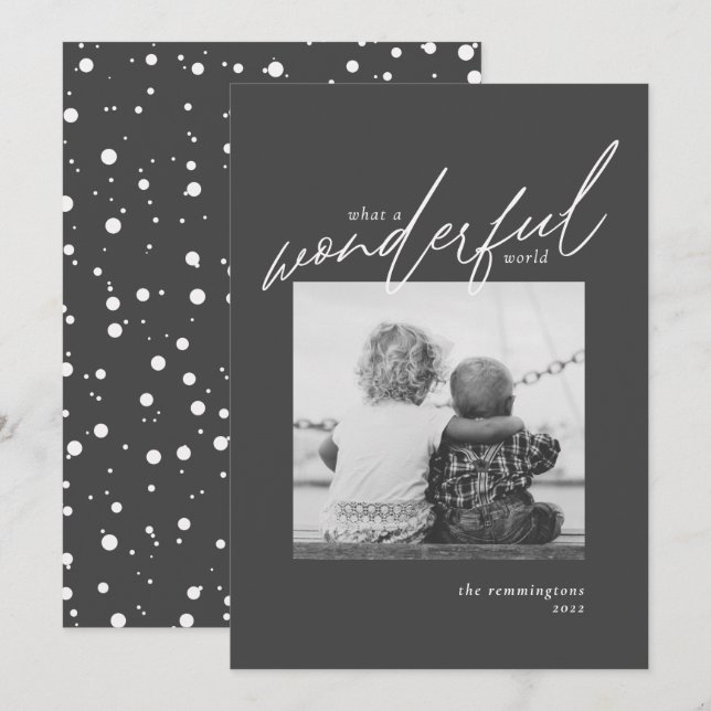Wonderful World Simple Photo New Year Black Holida Holiday Card (Front/Back)