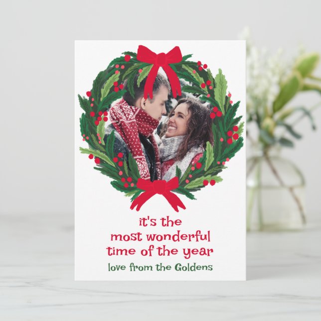 Wonderful Wreath CUSTOM PHOTO Christmas Holiday Card (Standing Front)