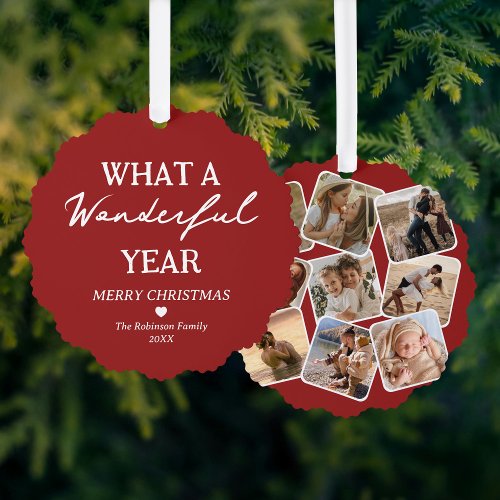 Wonderful Year Photo Collage Red Christmas Ornament Card