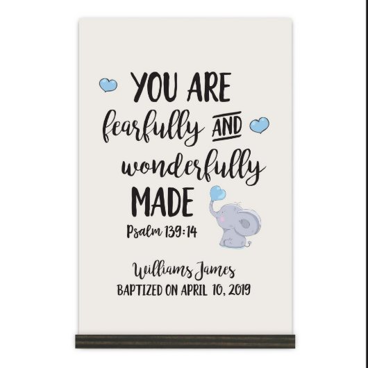 Wonderfully Made Blue Love Hearts Wooden Plaque (Front)