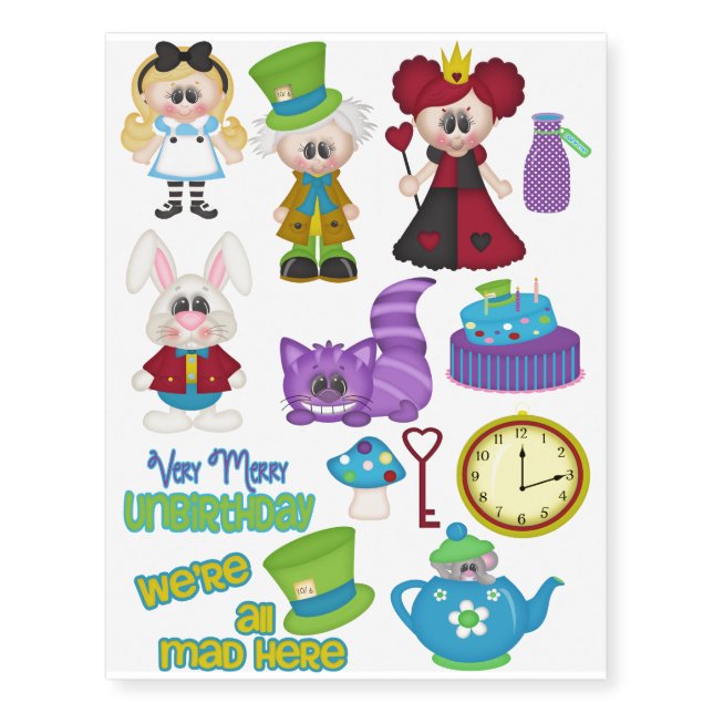 Wonderland 2 Mad Hatter Cheshire Cat Alice rabbit Temporary Tattoos (Front)
