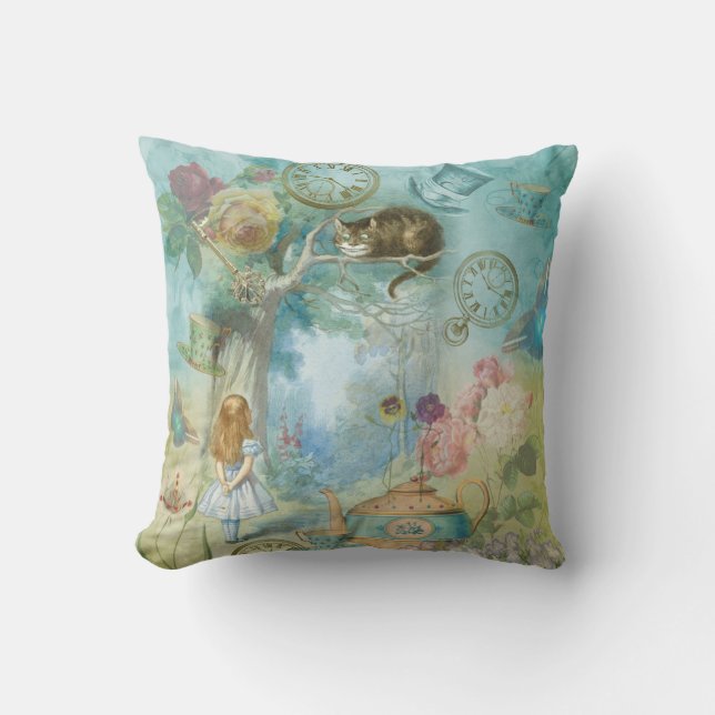 Wonderland - Alice in Wonderland Collage Throw Pillow (Front)