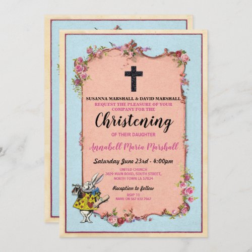 Wonderland Baptism Christening Rabbit Pink Blue Invitation