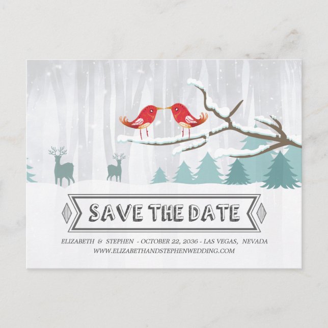 Wonderland Birds Deer Winter Wedding Save the Date Announcement Postcard (Front)