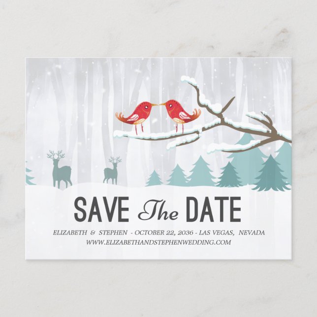 Wonderland Birds Deer Winter Wedding Save the Date Announcement Postcard (Front)