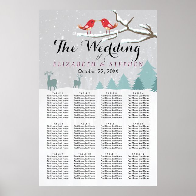 Wonderland Birds Deer Winter Wedding Seating Chart (Front)
