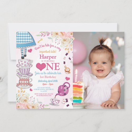 Wonderland Birthday 1 Tea Party First Girls Photo Invitation