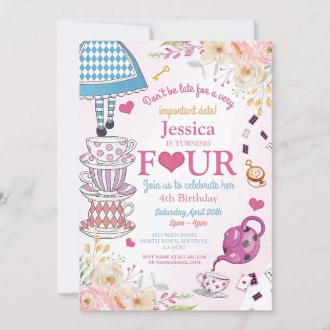 Wonderland Birthday 4th Tea Party Four Girls Invitation (Front)