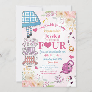 Wonderland Birthday 4th Tea Party Four Girls Invitation