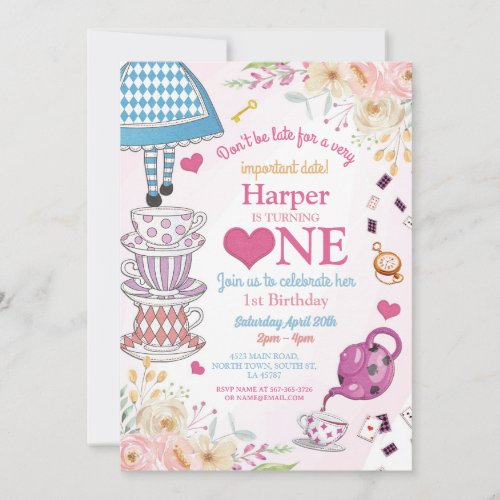 Wonderland Birthday ONE Tea Party First Girls Invitation