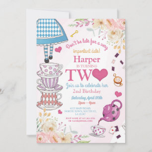 Wonderland Birthday Two Tea Party 2nd Girls Invitation