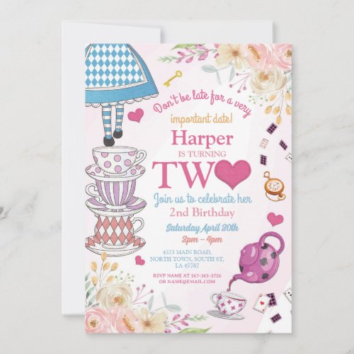 Wonderland Birthday Two Tea Party 2nd Girls Invitation