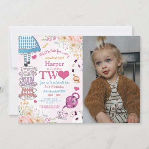 Wonderland Birthday Two Tea Party 2nd Girls Invitation