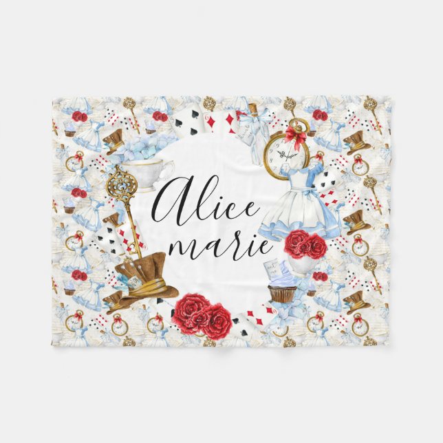 Wonderland Blue, Red & Gold Alice Name Fleece Blanket (Front (Horizontal))