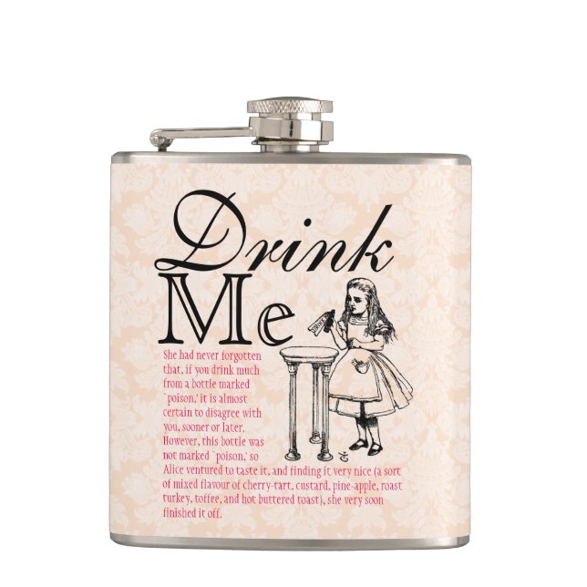 Wonderland Drink Me Pink Brocade Hip Flask (Front)